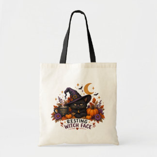 Tote Bag Visage de Sorcière au Repos Chat Noir Halloween