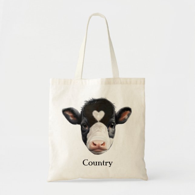 Tote Bag Visage de vache noir et blanc de campagne (Devant)