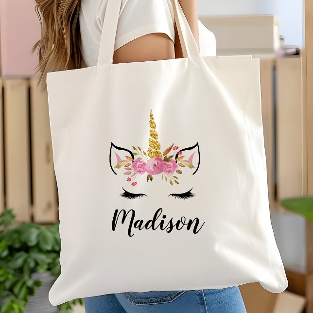 Tote Bag Visage Unicorne avec cils Nom personnalisé (Créateur téléchargé)