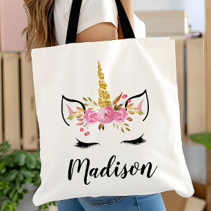 Tote Bag Visage Unicorne avec cils Nom personnalisé