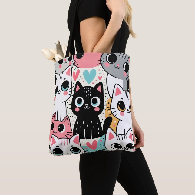 Tote Bag Visages de chat mignons Kawaii et cœurs fantaisist (De près)