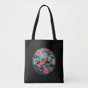 Tote Bag Vitrail asiatique style Koi Poisson et Camellias