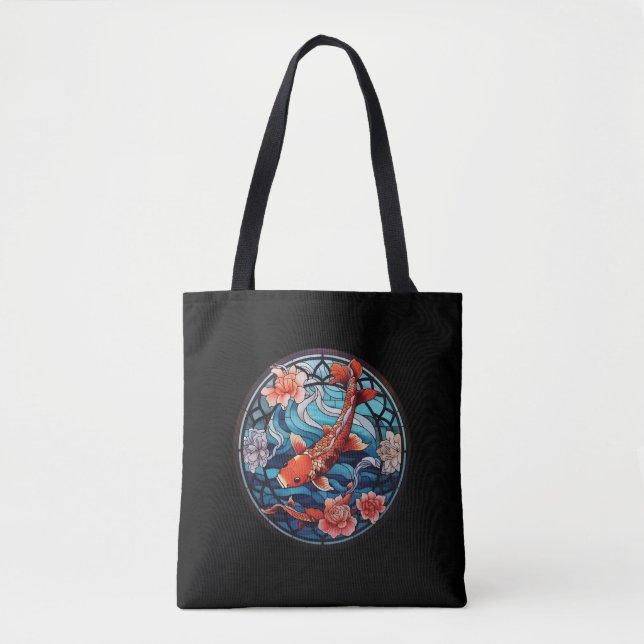 Tote Bag Vitrail asiatique style Koi Poisson et Camellias (Devant)