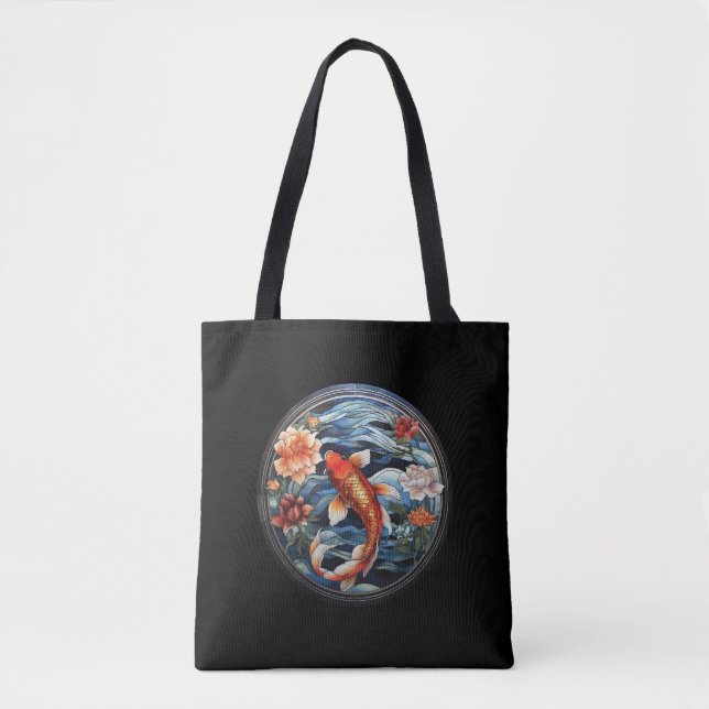 Tote Bag Vitrail asiatique style Koi Poisson et Camellias (Devant)