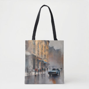 Tote Bag Voiture bleue vintage à Foggy Cityscape