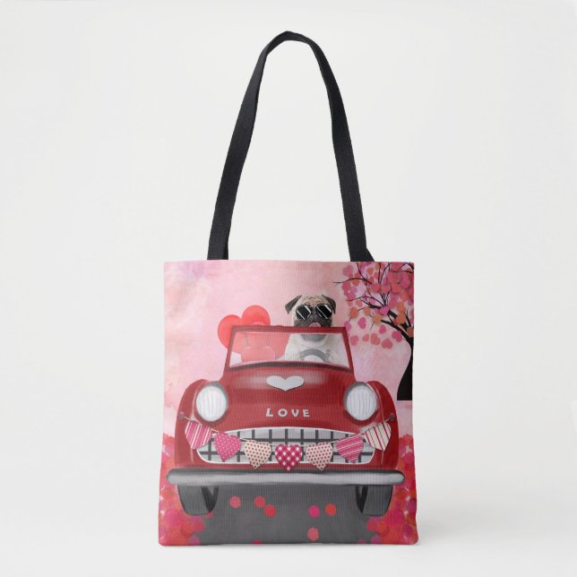 Tote Bag Voiture de chien Pug avec coeurs Saint-Valentin   (Devant)