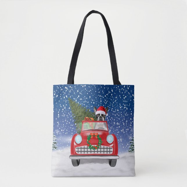 Tote Bag Voiture de conduite de chien de Boston en neige No (Devant)