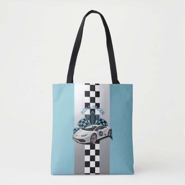 Tote Bag Voiture de course, noir & blanc à damiers bleu (Devant)