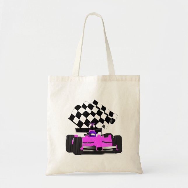 Tote Bag Voiture de course rose avec drapeau À damiers (Devant)