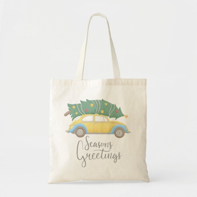 Tote Bag Voiture et arbre Joyeuses Fêtes (Devant)