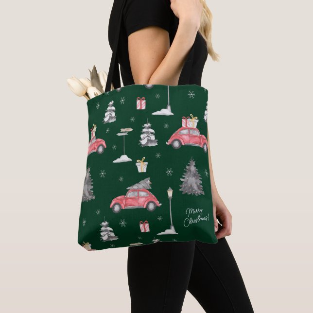 Tote Bag Voiture rouge Motif d'hiver Joyeux Noël vert (De près)