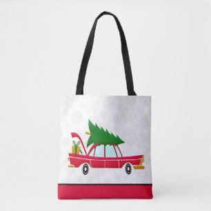 Tote Bag Voiture rouge rétro portant un arbre de Noël