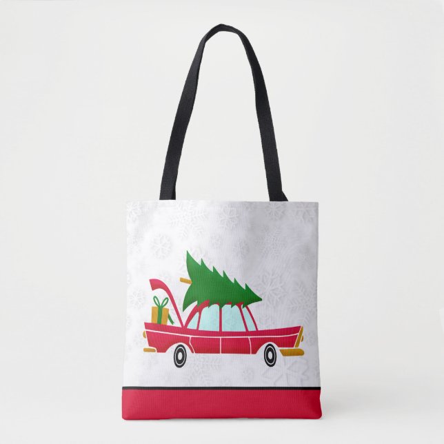 Tote Bag Voiture rouge rétro portant un arbre de Noël (Devant)