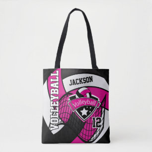 Tote Bag Volley-ball rose chaud, noir et blanc