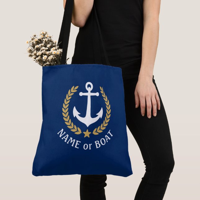 Tote Bag Votre nom de bateau Ancre Gold Laurel Large Navy B (De près)