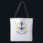 Tote Bag Votre nom de bateau Ancre Gold Laurel Large White<br><div class="desc">Un sac fourre-tout à thème nautique avec votre nom personnalisé, nom du bateau ou autre texte souhaité. Dispose d'une ancre nautique conçue sur mesure avec des feuilles en laurier de style or et une étoile sur le blanc, customisez facilement la couleur de base pour correspondre à votre décor ou thème...</div>