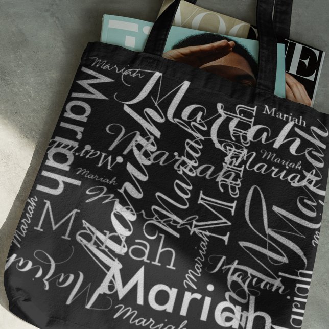 Tote Bag Votre nom motif noir élégant (fashion in black and white with name printed)