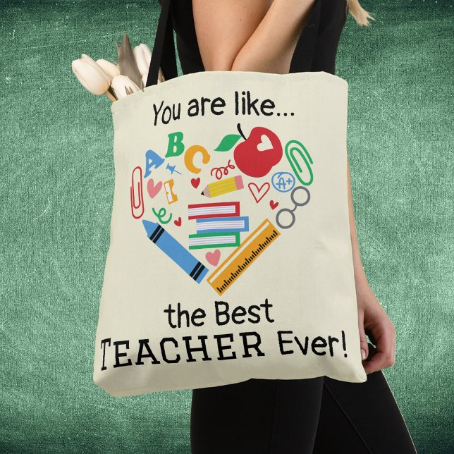 Tote Bag Vous êtes comme...le Meilleur Enseignant Jamais Pe (Best teacher ever customizable tote bag with heart crayons and books design)