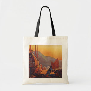 Tote Bag Voyage à l'ancienne, avion au-dessus de jonques à 