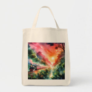 Tote Bag Voyage en train au coucher de soleil tropical aqua