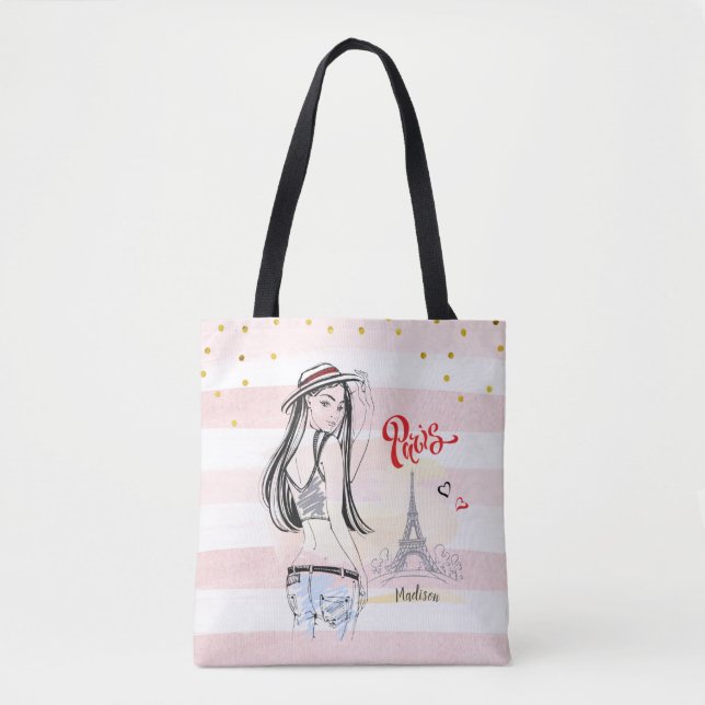 Tote Bag Voyage personnalisé Paris Pink Stripes croquis (Devant)