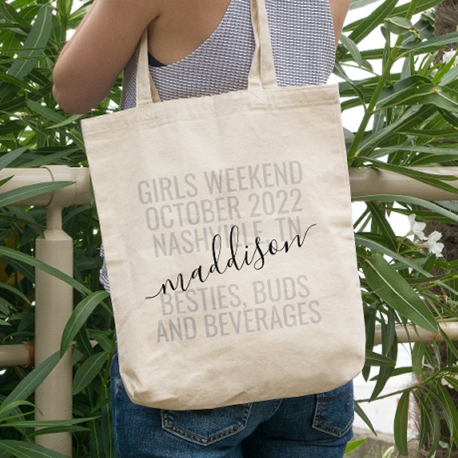 Tote Bag Voyage personnalisé pour filles le weekend Coutume (Girls Weekend Trip Personalized Canvas Tote Bag with Names, Date, and Location and fun quote.)