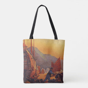 Tote Bag Voyage Vintage, Avion au-dessus des jonques à Hong