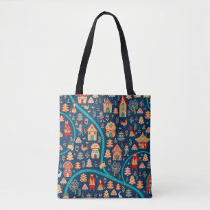 Tote Bag Vue de l'oiseau. Maisons, forêt, nains, ours, ren