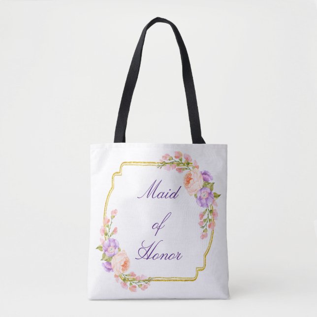 Tote Bag Vue florale d'or avec le texte fait sur commande (Devant)
