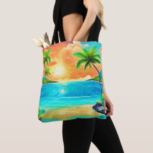Tote Bag Vue sur la plage Tropical Sunset Paradise