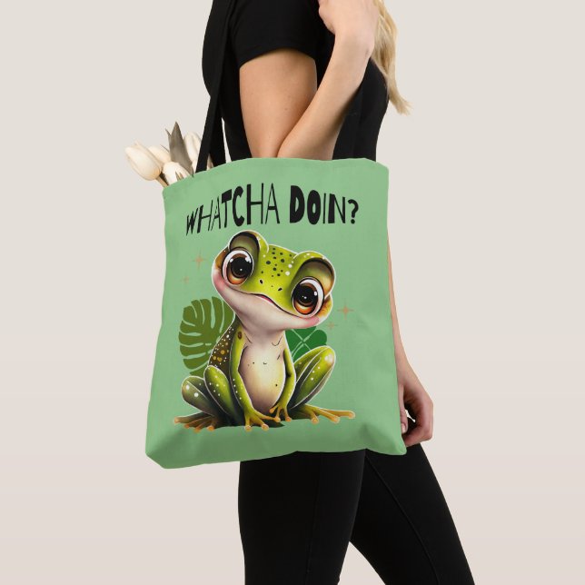 Tote Bag Watcha Do ? Funny Curious Frog (De près)