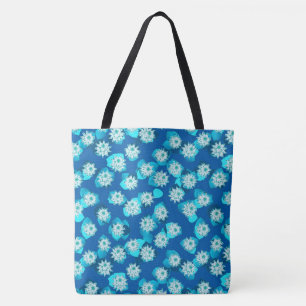 Tote Bag Water Lily motif, turquoise, bleu et blanc