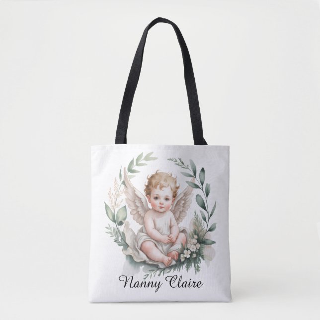 Tote Bag Watercolor Angel Wings Baptism Green Godparents (Devant)