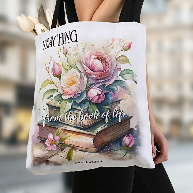 Tote Bag Watercolor Books Elegant Enseignant (Tote bag featuring a fine art watercolor painting of books with roses - teacher - book club)