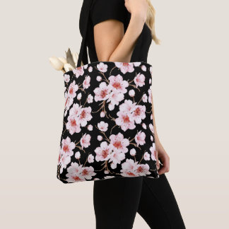 Tote Bag Watercolor Cherry Blossoms Pink Black