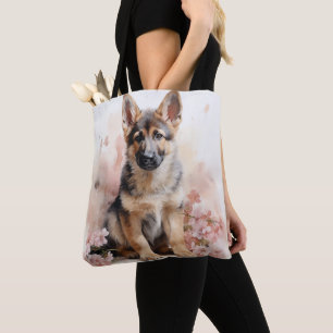 TOTE BAG WATERCOLOR CHIEN GERMAN SHEPHERD PUPPER