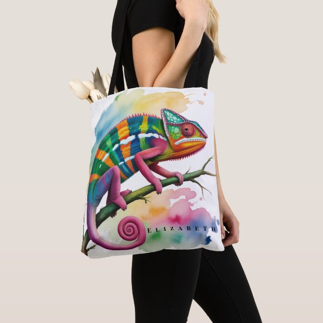 Tote Bag Watercolor Colorful Chameleon Birthday Party (De près)