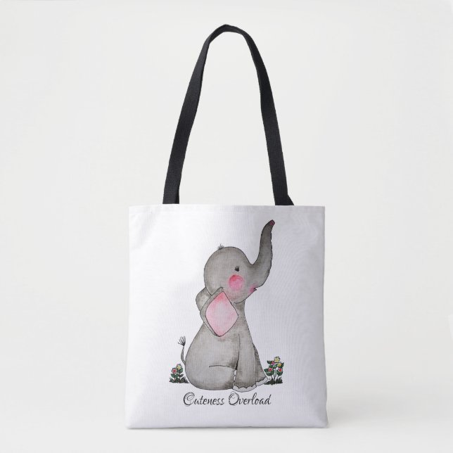 Tote Bag Watercolor Cute Baby Elephant With Blush & Flowers (Devant)