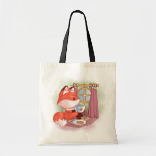 Tote Bag Watercolor Fox having Tea and Biscuits
