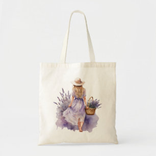 Tote Bag Watercolor Girl Lavender Field