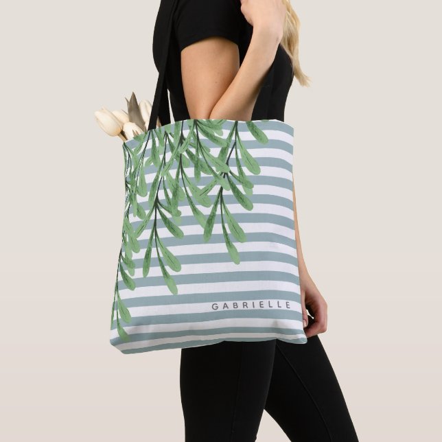 Tote Bag Watercolor Green Foliing Ajouter un nom (De près)