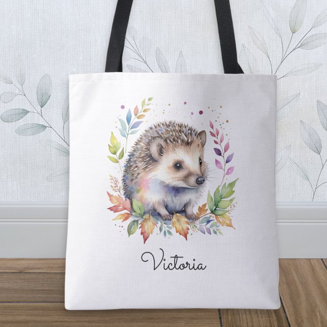 Tote Bag Watercolor Hedgehog Woodland Animal Personalized (A personalized tote bag with illustration of a cute hedgehog and leaves, in a watercolor style)