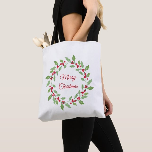 Tote Bag Watercolor Holly Wreath  (De près)