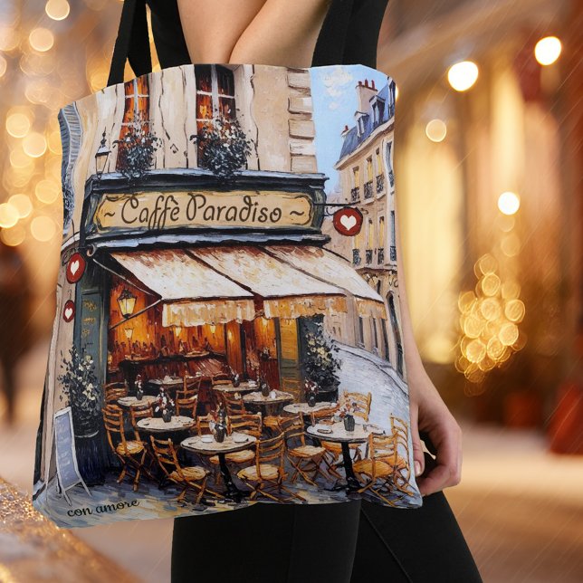 Tote Bag Watercolor Italian Café Coffee Lover  (Tote bag featuring a watercolor painting of an Italian coffee shop)