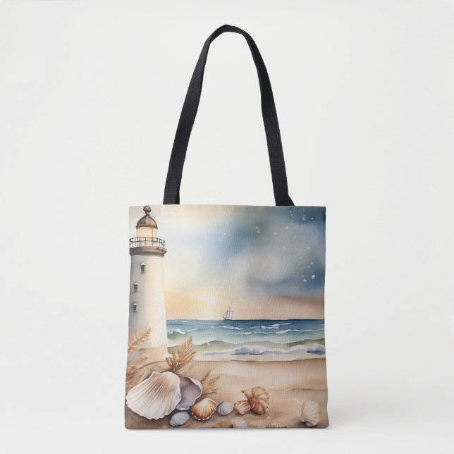 Tote Bag Watercolor Phare et plage (Devant)