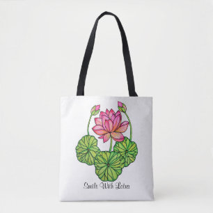 Tote Bag Watercolor Pink Lotus with Buds & Leaves