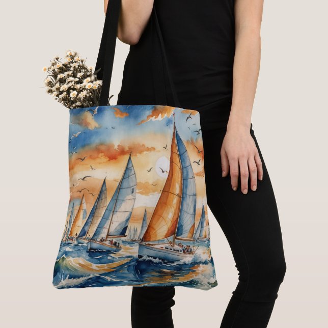 Tote Bag Watercolor Sailboat Regatta (De près)