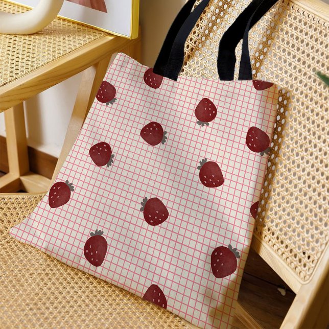 Tote Bag Watercolor Strawberries on Pink Grid - Valentine (Créateur téléchargé)