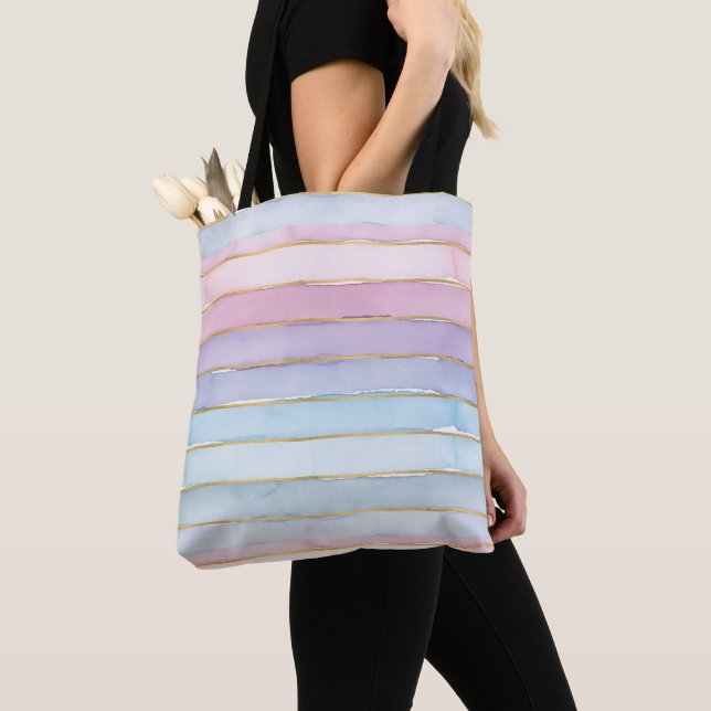 Tote Bag Watercolor Stripes Blue Purple Pink Summertime (De près)