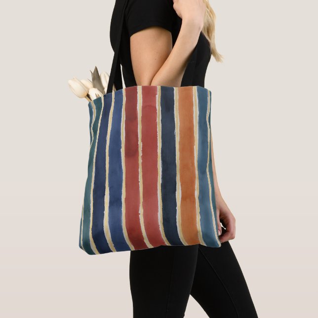 Tote Bag Watercolor Vertical Stripes Brick Rust Teal Navy  (De près)